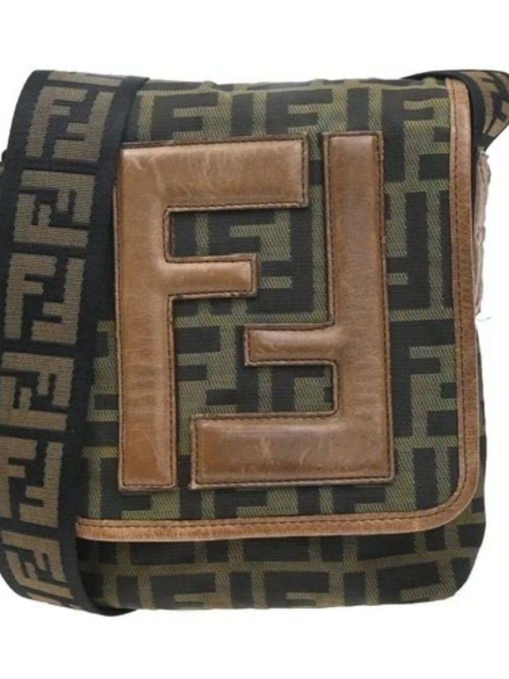 FENDI FF Logo Zucca Pattern Shoulder Bag Canvas Leather Brown 71MA559
